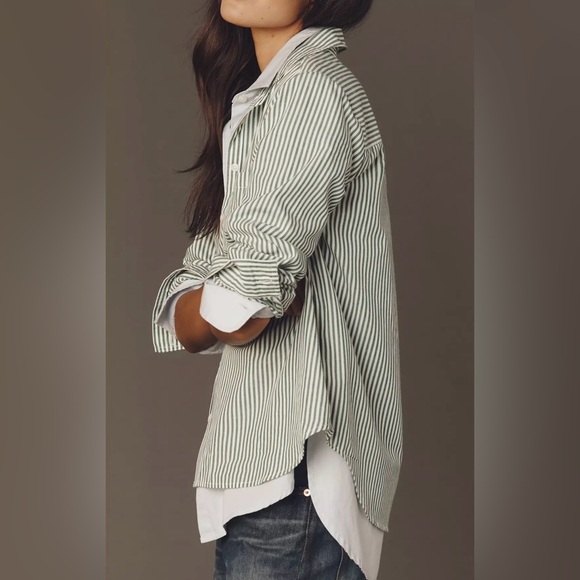 Anthropologie Maeve Buttondown Long Sleeve Classic Shirt Striped High Low Size L - Picture 2 of 10